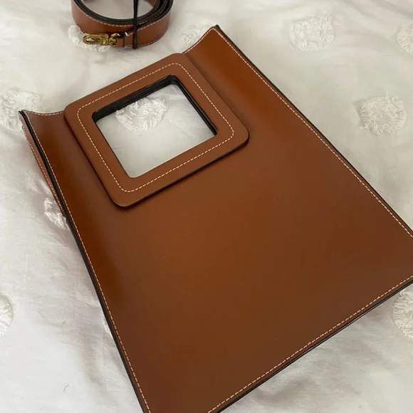 STAUD Tan Leather purse with Square Handle and crossbody strap - Picture 1 of 8